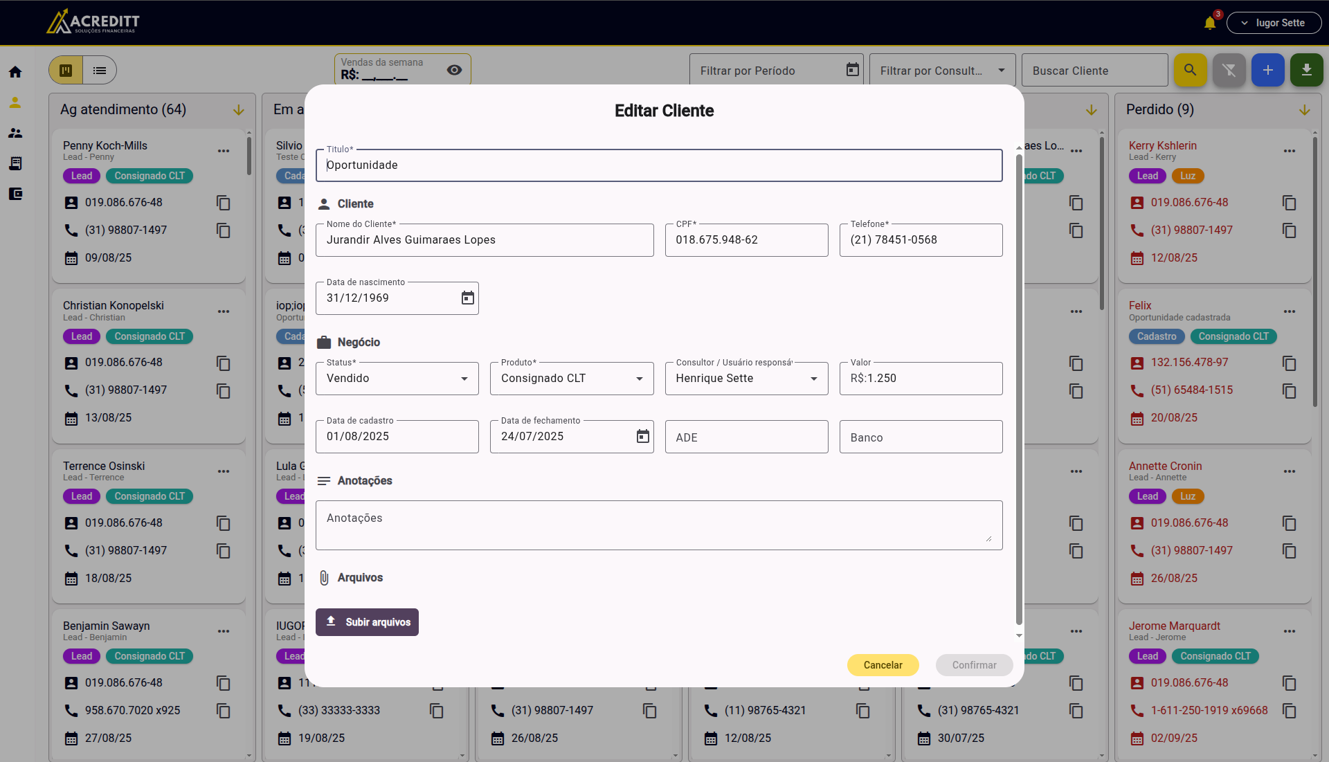 Visão geral do cliente no CRM